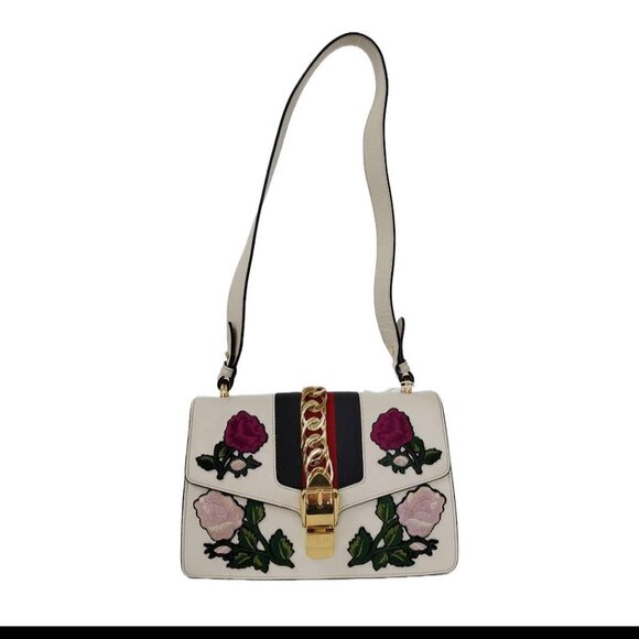 Gucci Ivory Floral Embroidered Leather Small Web Chain Sylvie Shoulder Bag - Picture 1 of 7